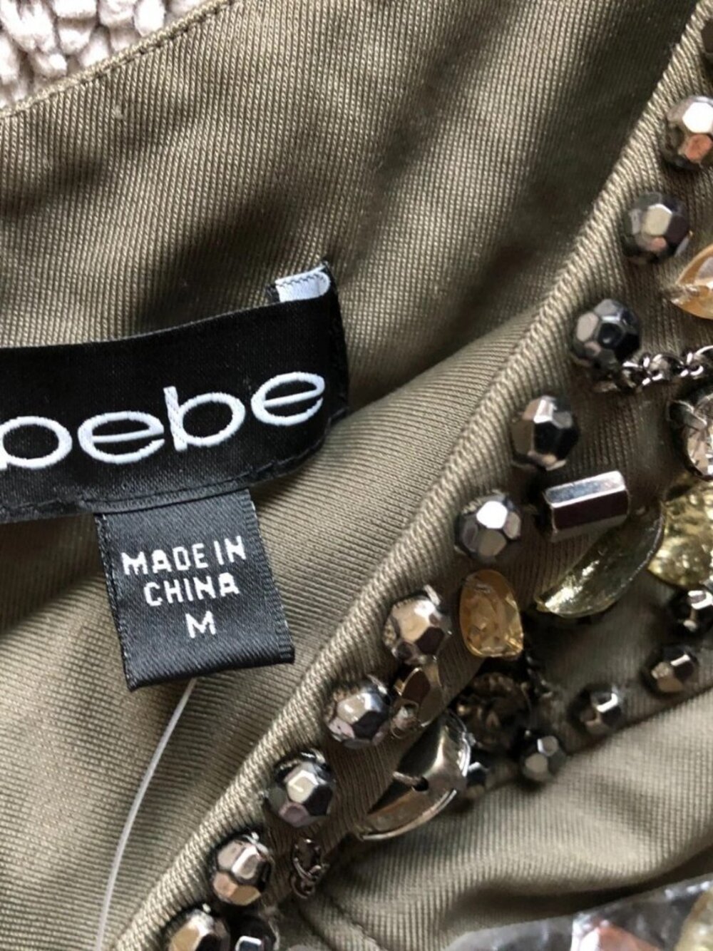 Y2K-Bebe Olive Green Dramatic Beaded w/Crystals 1 Shoulder - Picture 12 of 16